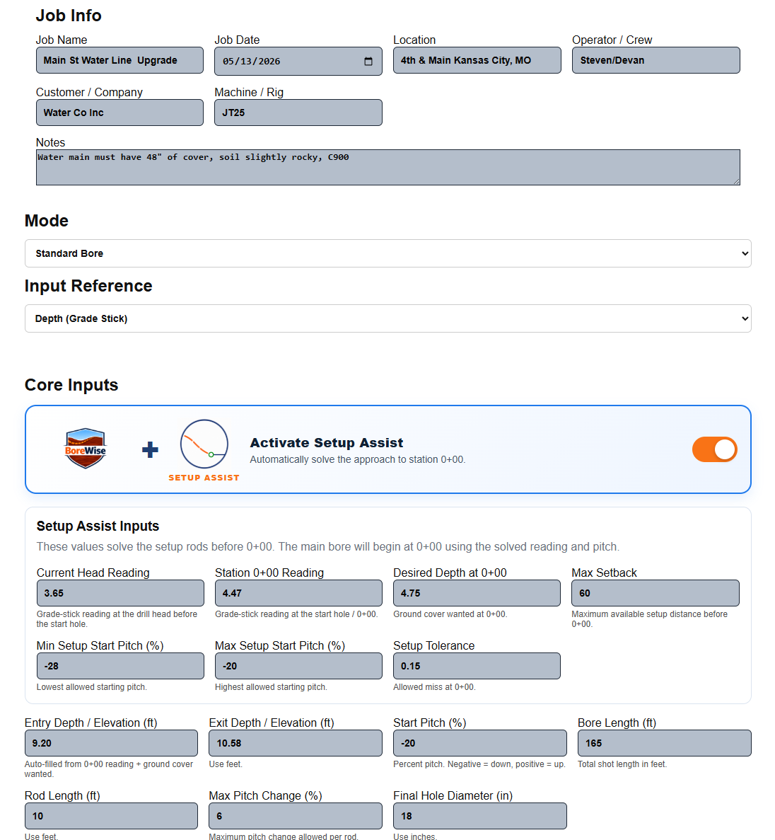 BoreWise main bore setup form with planning inputs